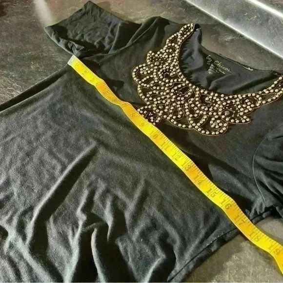 Chico’s womens embellished Beaded Mesh crew neck blouse short sleeve black sz 0 - Picture 6 of 8